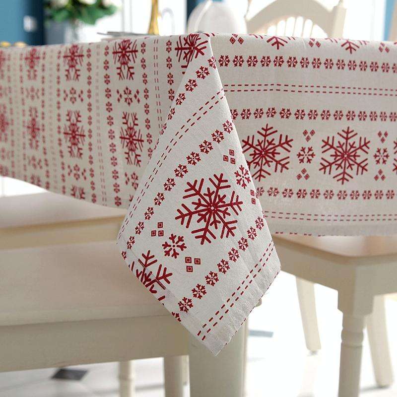 Linen Cotton Tablecloth Red Snowflakes Pattern Table Cloth Wedding Banquet Washable Table Cover T...
