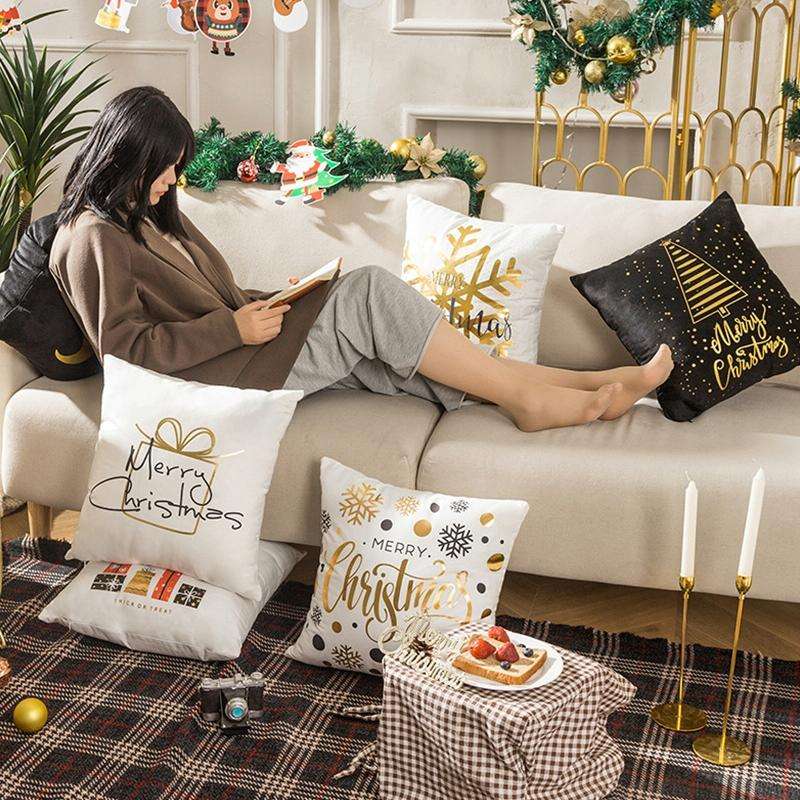 Merry Christmas Pillow Case Gold Foil Printing Pillow Cover Sofa Waist Throw Cushion Cover Coffee...