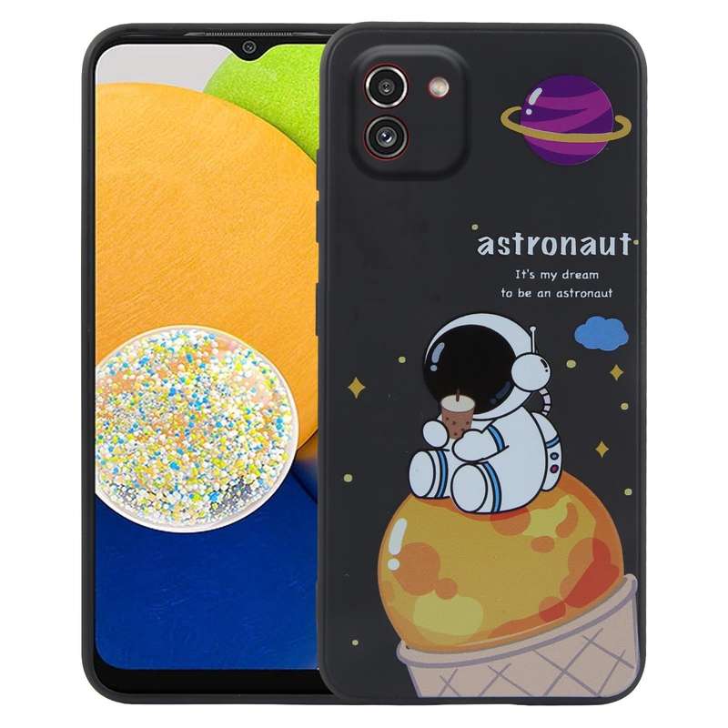 For Samsung Galaxy A03 Milk Tea Astronaut Pattern Liquid Silicone Phone Case(Black)
