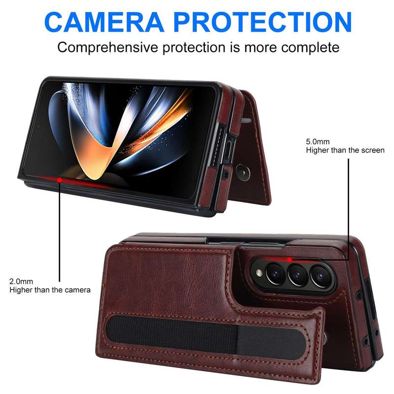For Samsung Galaxy Z Fold3 Full Coverage Fold Double Buckle PU Phone Case with Pen Slots(Brown)
