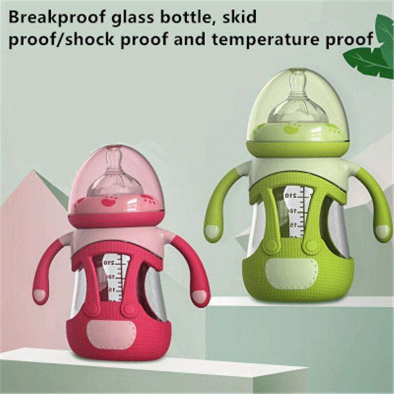 High Borosilicate Glass Baby Bottle with Silicone Sleeve, Capacity:240ml(Blue)