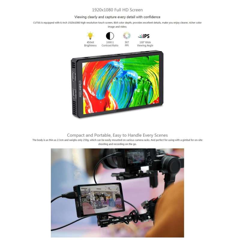 FEELWORLD CUT6S 6-inch Touch Screen Monitor Recorder FHD IPS 4K HDMI 3G-SDI Camera Field Monitor ...