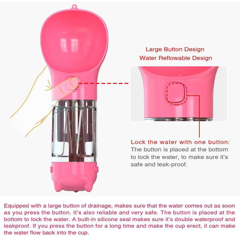 3 in 1 Leakproof Outdoor Dog Water Fountain Portable Pet Drinking Bottle, Size: 300ml+Food Box(Pink)