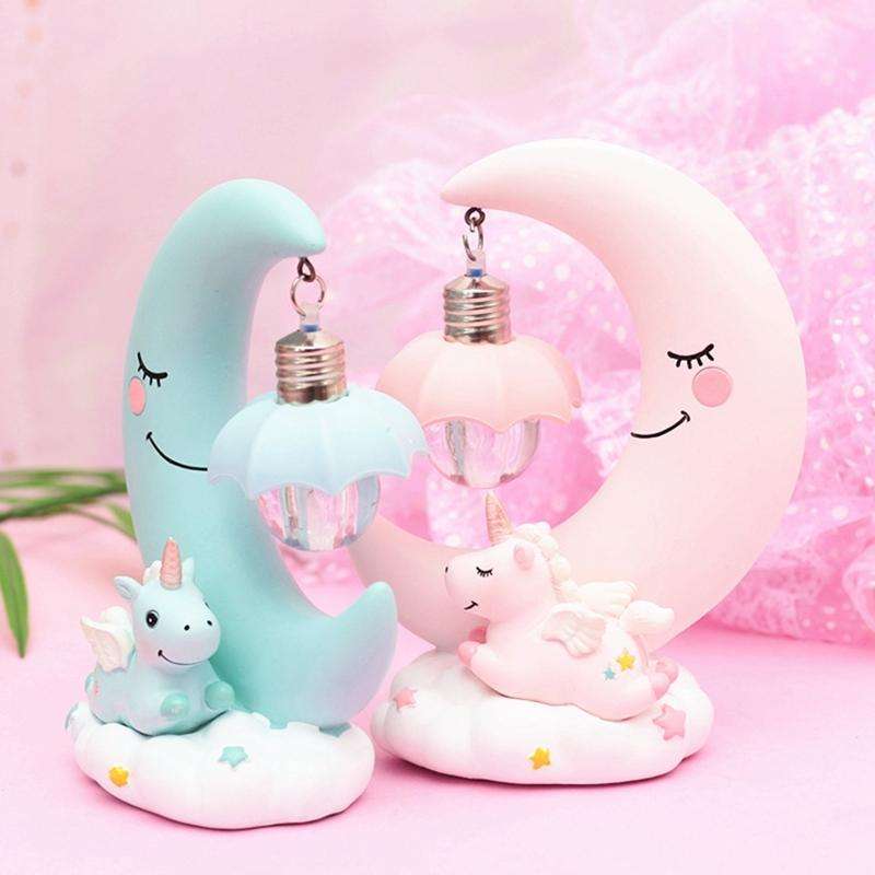 Moon Resin Cartoon Romantic Bedroom Decor Night Lamp Baby Kids Birthday Xmas Gift(Blue)