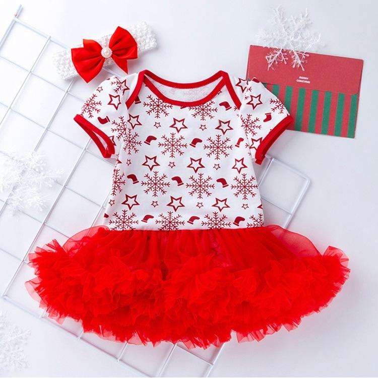Christmas Baby Short-sleeved Cartoon Print Romper Dress Baby Mesh Dress Tutu Skirt (Color:Snowfla...