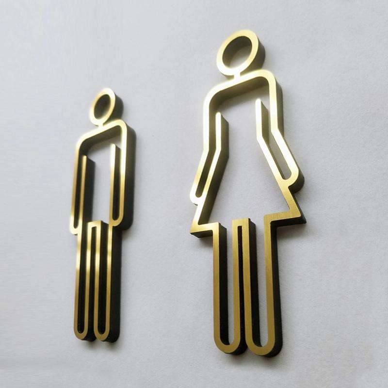 2 PCS Acrylic Toilet Symbol Adhesive Backed Bathroom Toilet Door Sign for Hotel(Gold)