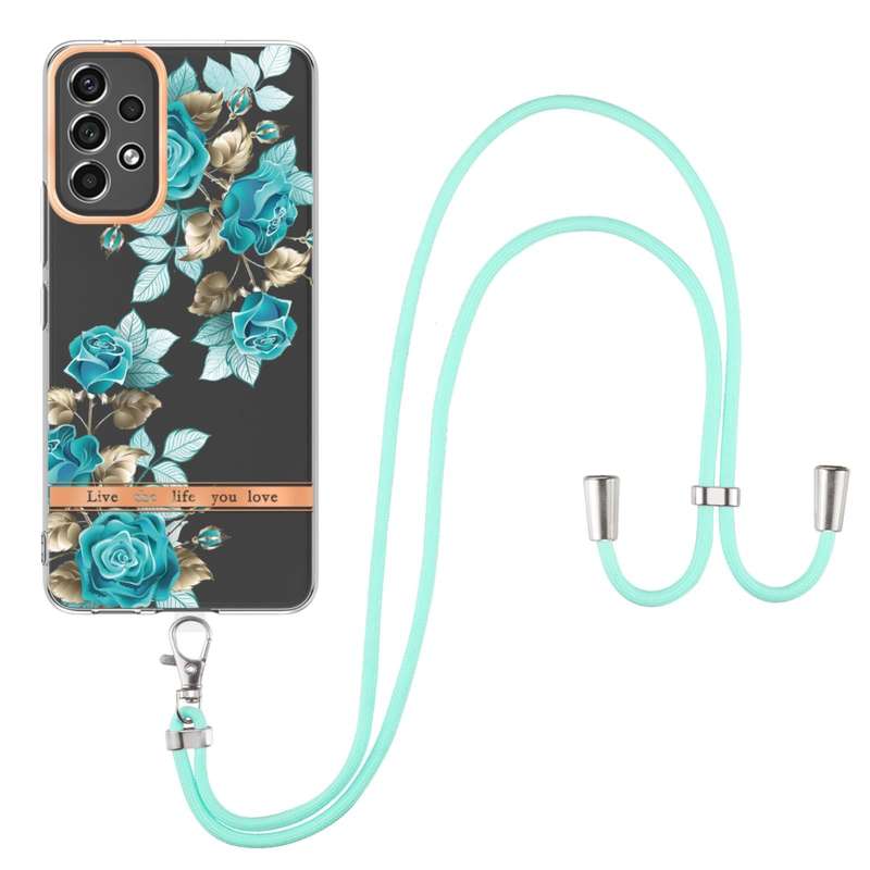 For Samsung Galaxy A53 5G Flowers Series TPU Phone Case with Lanyard(Blue Rose)