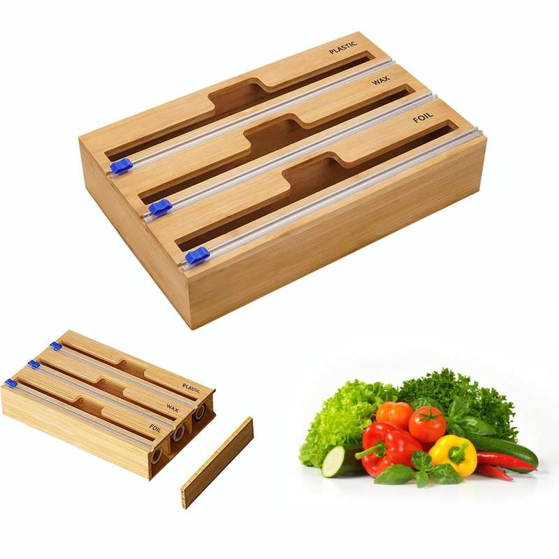 Aluminum Foil Wrap Dispenser Wood Storage Box for Kitchen Drawer,Style: Three Slots