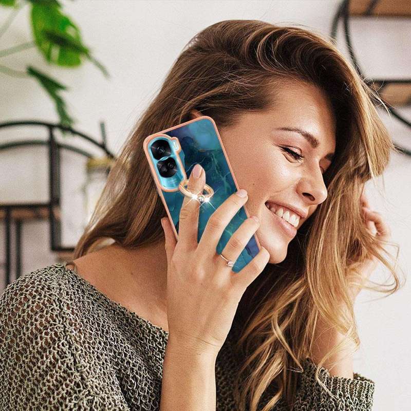 For Honor 90 Lite 5G Electroplating Marble Dual-side IMD Phone Case with Ring(Green 017)