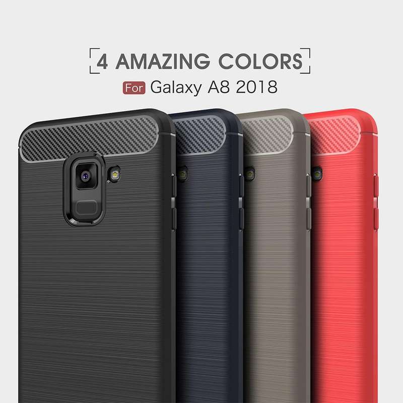For Galaxy A8 (2018) Brushed Texture Carbon Fiber Shockproof TPU Protective Back Case (Red)