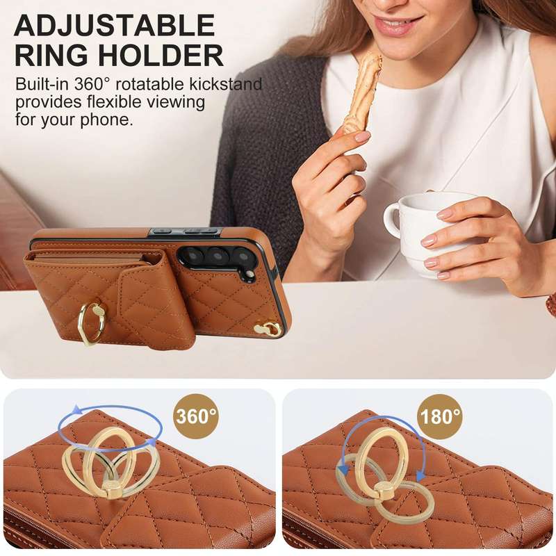 For Samsung Galaxy S23 5G Rhombic Texture Card Bag Phone Case with Long Lanyard(Brown)