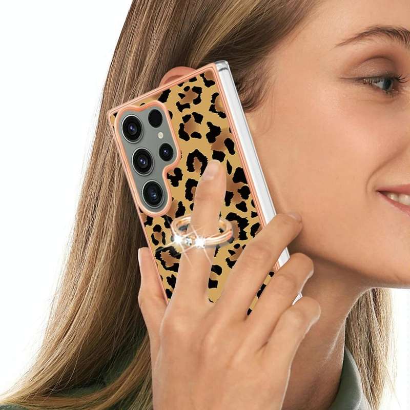 For Samsung Galaxy S23 Ultra 5G Electroplating Dual-side IMD Phone Case with Ring Holder(Leopard ...