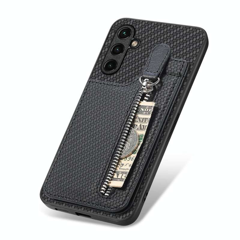 For Samsung Galaxy A14 5G Carbon Fiber Vertical Flip Zipper Wallet Phone Case(Black)
