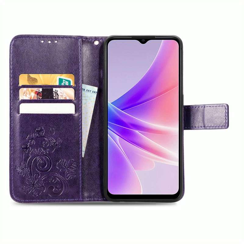 For OPPO A77 Four-leaf Clasp Embossed Buckle Leather Phone Case(Purple)