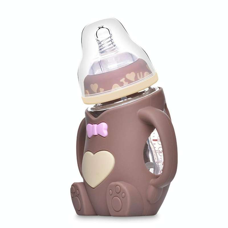 Baby Silicone Glass Bottles Drop-proof and Flatulence-proof Glass Baby Bottle(Style 2 Rose Red)