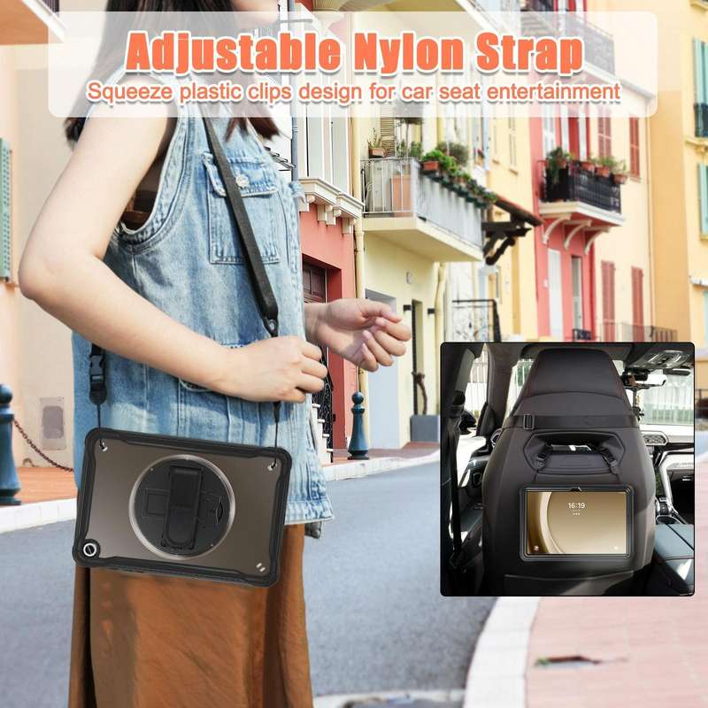 For Samsung Galaxy Tab A9+ X210/X215 Heavy Duty Hybrid Tablet Case with Handle & Strap(Clear Black)