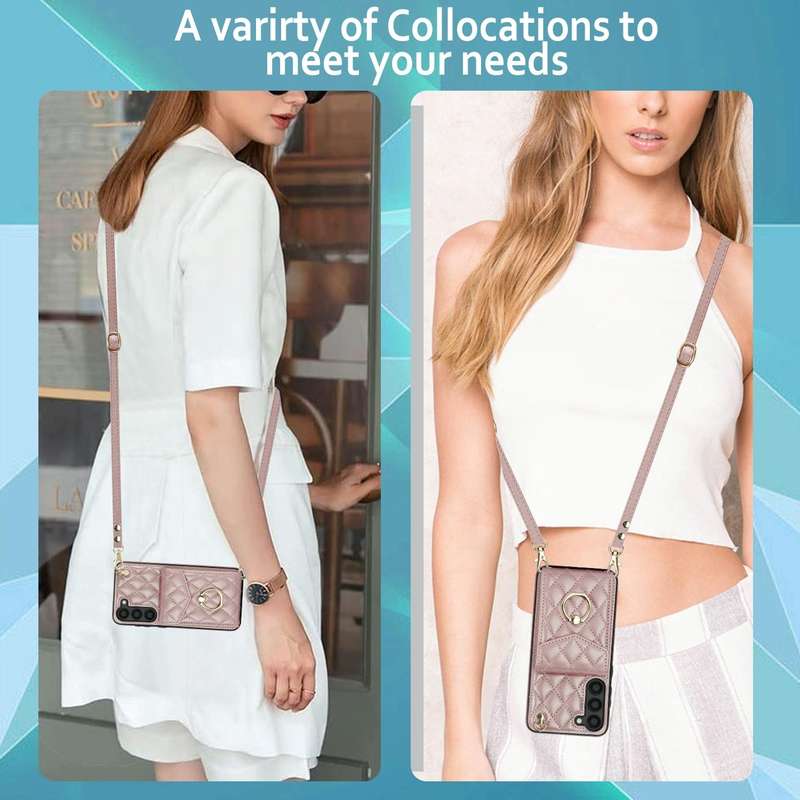 For Samsung Galaxy S24 5G Rhombic Texture Card Bag Phone Case with Long Lanyard(Rose Gold)