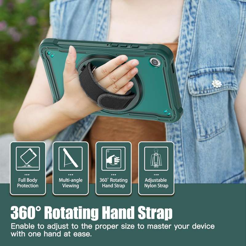For Samsung Galaxy Tab A9 X110/X115 Heavy Duty Hybrid Tablet Case with Handle & Strap(Dark Green)