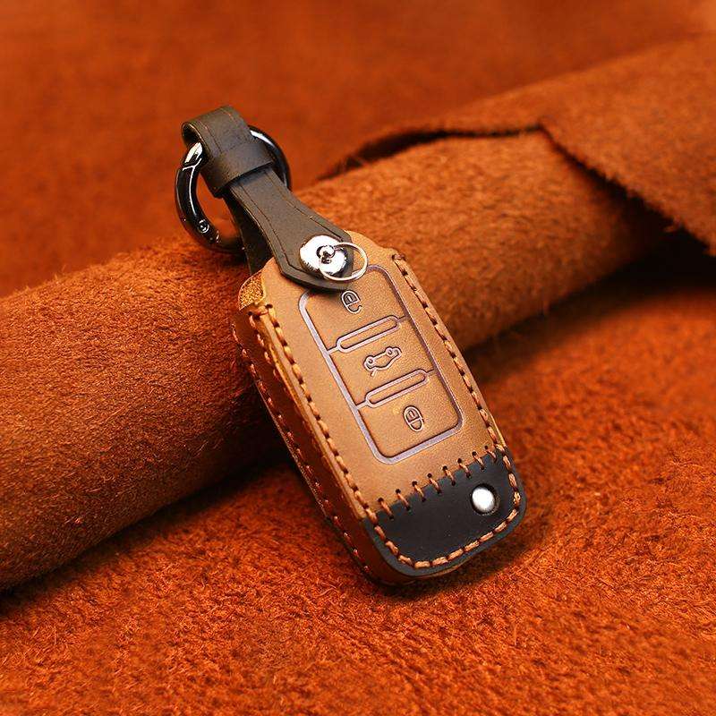 For Volkswagen Car Cowhide Leather Key Protective Cover Key Case, D Version(Brown)