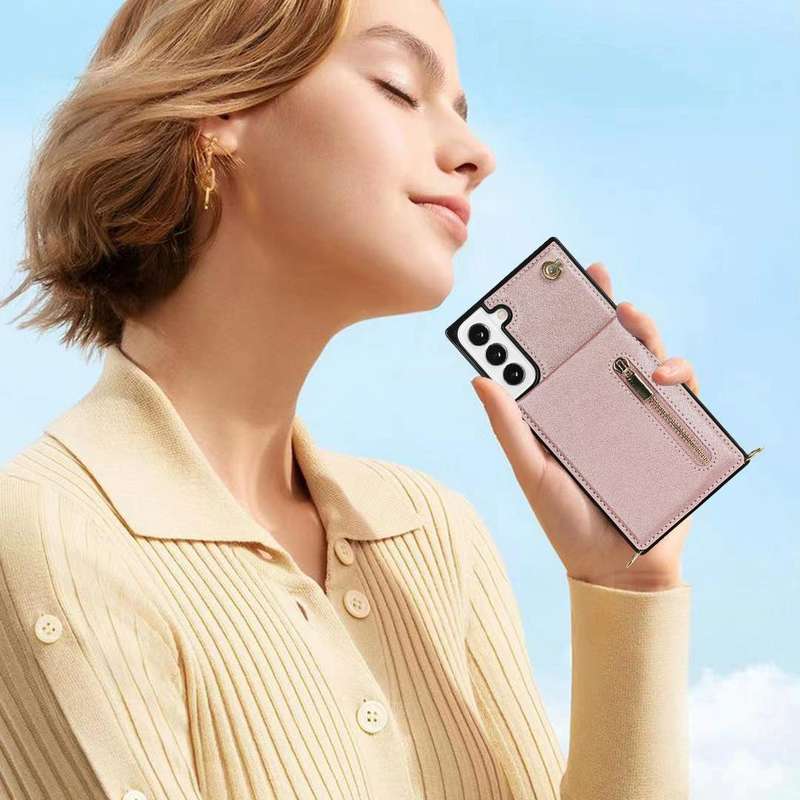 For Samsung Galaxy S22+ 5G Cross-body Square Zipper Card Holder Bag Phone Case(Rose Gold)