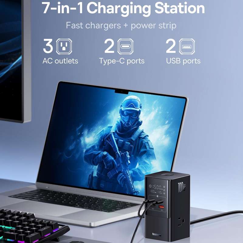 Baseus PowerCombo Tower Power Strip 3xAC+2xType-C+2xUSB 100W with 1.5 Power Cord, JP Plug(Black)