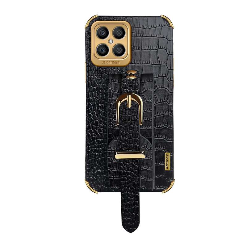 For Honor X8 Electroplated TPU Crocodile Pattern Leather Case with Wrist Strap(Black)