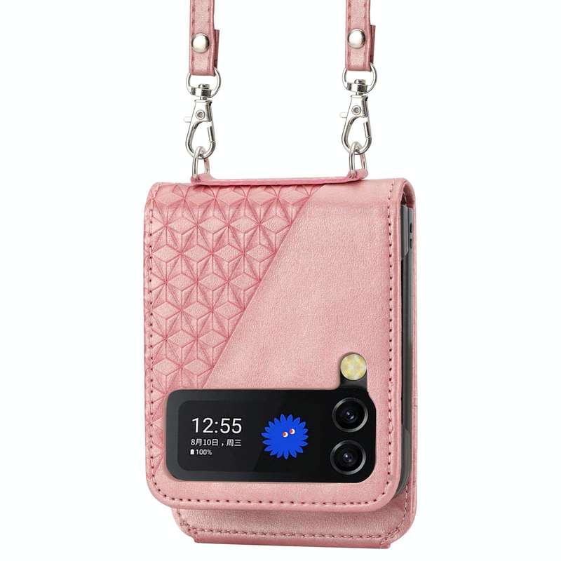 For Samsung Galaxy Z Flip4 Cubic Grid Calf Texture Leather Phone Case with Neck Lanyard(Brown)