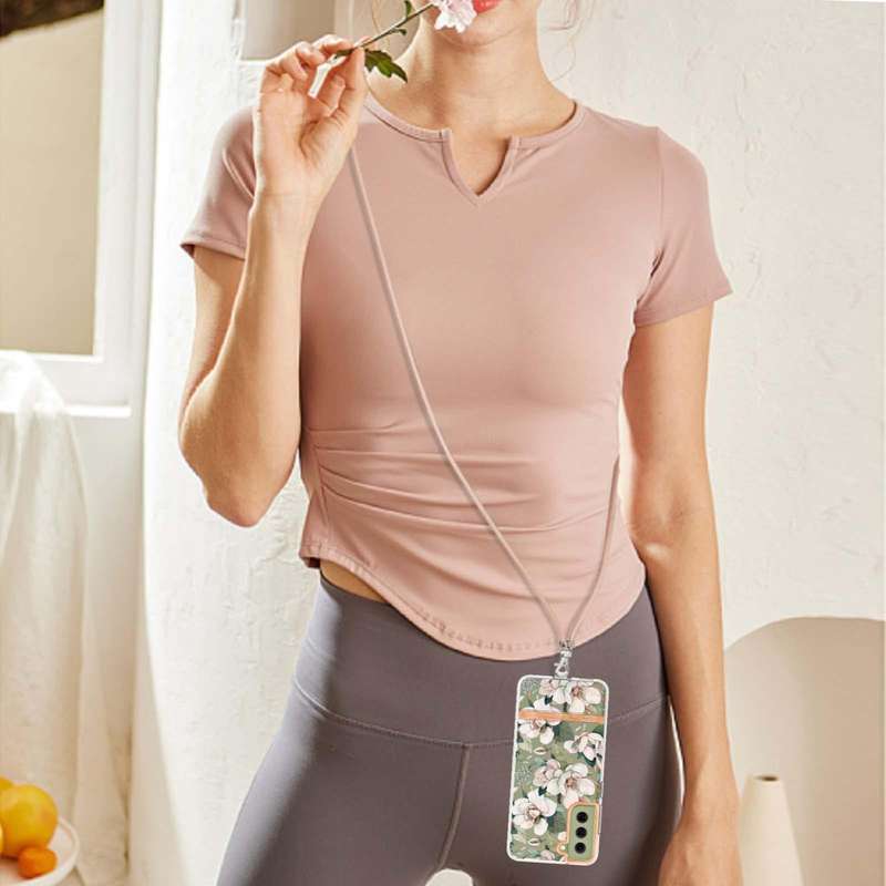 For Samsung Galaxy S21 FE 5G Flowers Series TPU Phone Case with Lanyard(Green Gardenia)