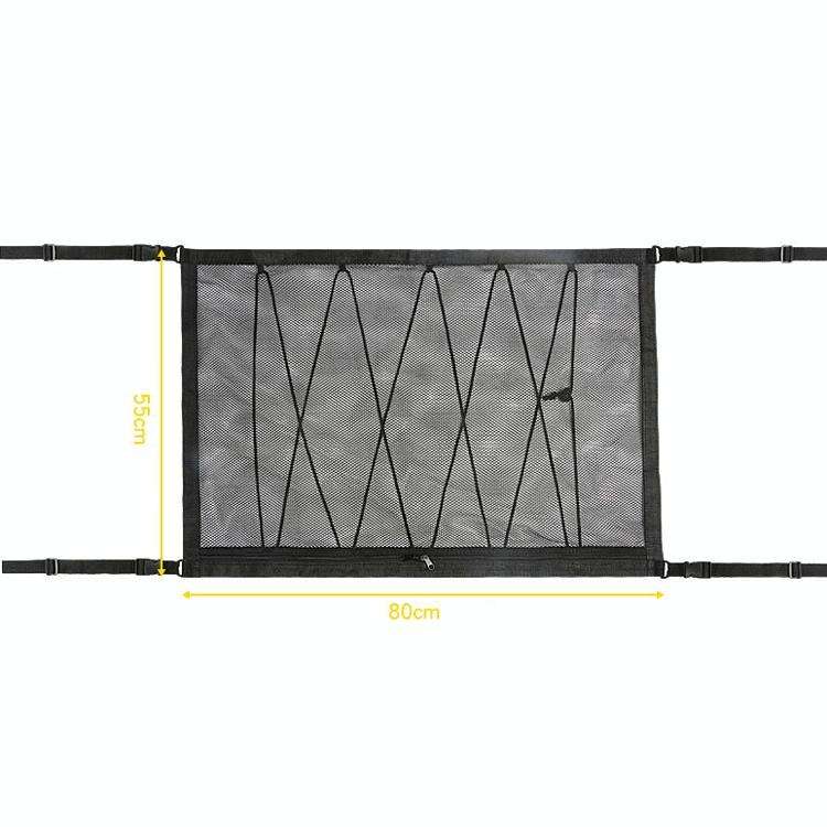 Car Ceiling Storage Net Bag Draw Rope Double-Layer Zipper Car Storage Net Pocket(80x55cm)