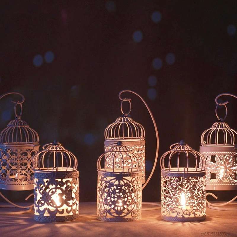 Antique Creative Bird Cage Candlestick Wrought Iron Ornaments Hollow Flower Pattern Home Decorati...