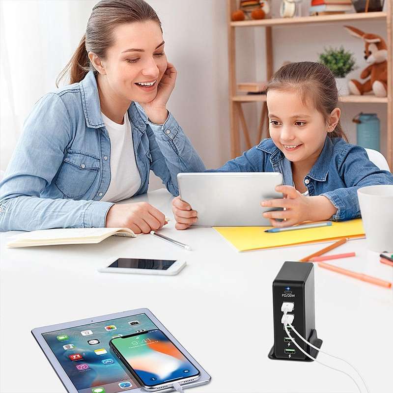 6 in 1 65W PD USB-C / Type-C + QC 3.0 USB + 4 USB Multi-port Travel Charger, US Plug(Black)