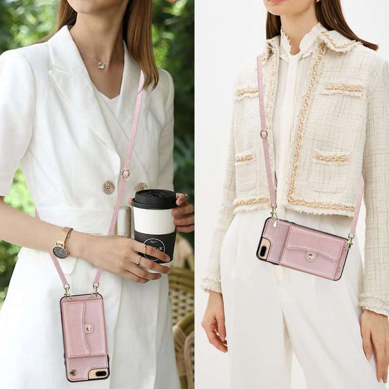 For iPhone 8 Plus / 7 Plus RFID Card Slot Phone Case with Long Lanyard(Rose Gold)