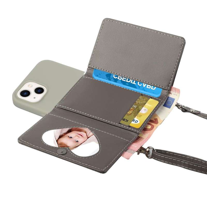 For iPhone 14 Plus Crossbody Lanyard Wallet Card Bag Phone Case(Grey)