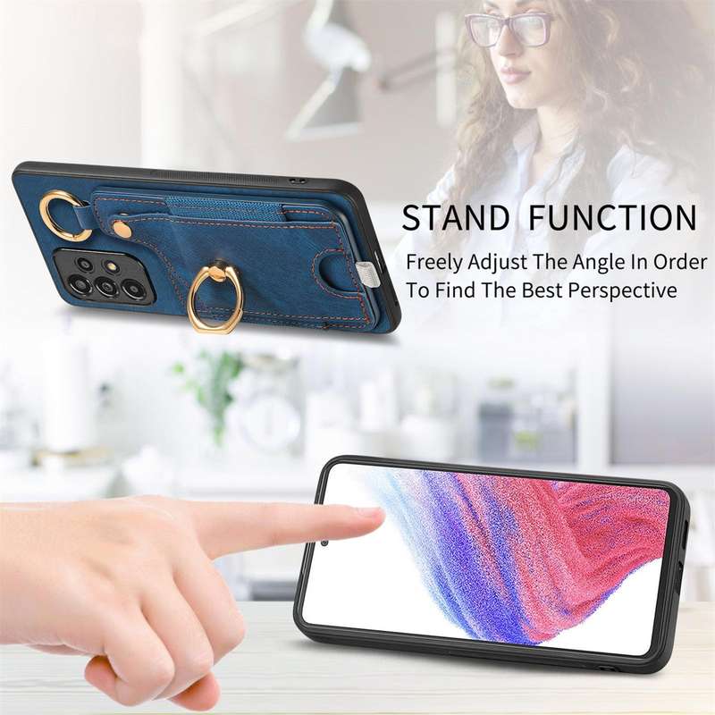 For Samsung Galaxy A73 5G Retro Skin-feel Ring Card Bag Phone Case with Hang Loop(Blue)