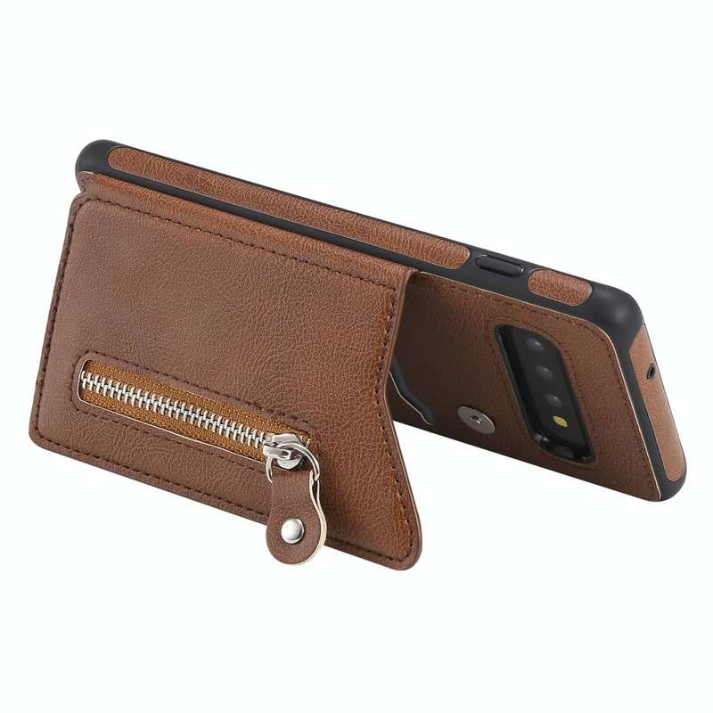 For Galaxy S10 Solid Color Double Buckle Zipper Shockproof Protective Case(Brown)