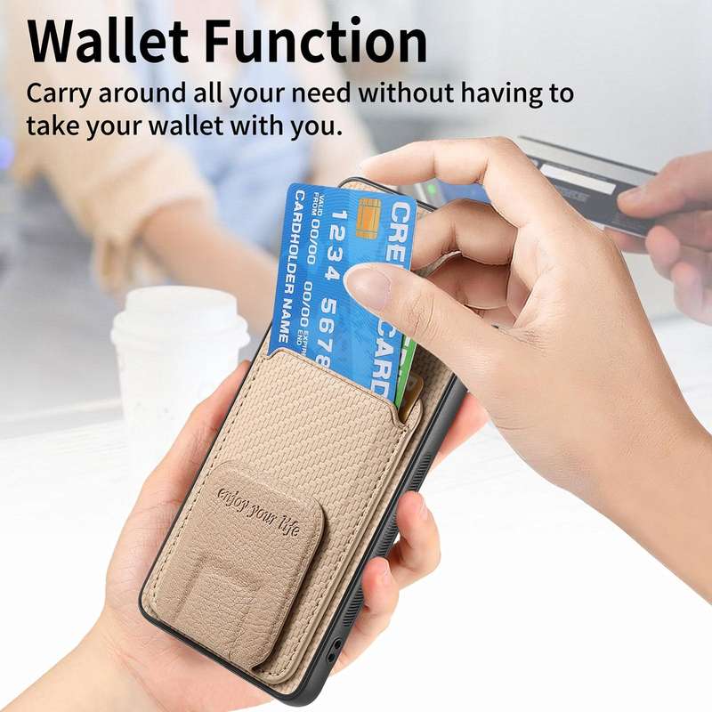 For Samsung Galaxy A73 5G Carbon Fiber Card Bag Fold Stand Phone Case(Khaki)