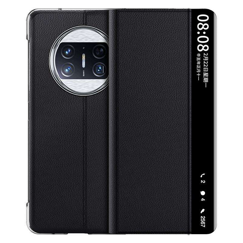 For Huawei Mate X3 Plain Magnetic Phone Case with Smart View Window & Holder(Black)