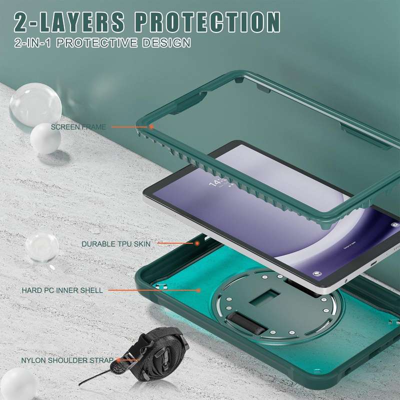 For Samsung Galaxy Tab A9 X110/X115 Heavy Duty Hybrid Tablet Case with Handle & Strap(Dark Green)