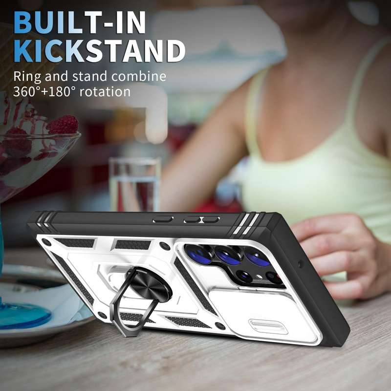 For Samsung Galaxy S24 Ultra 5G Sliding Camshield TPU + PC Phone Case with Holder(White+Black)