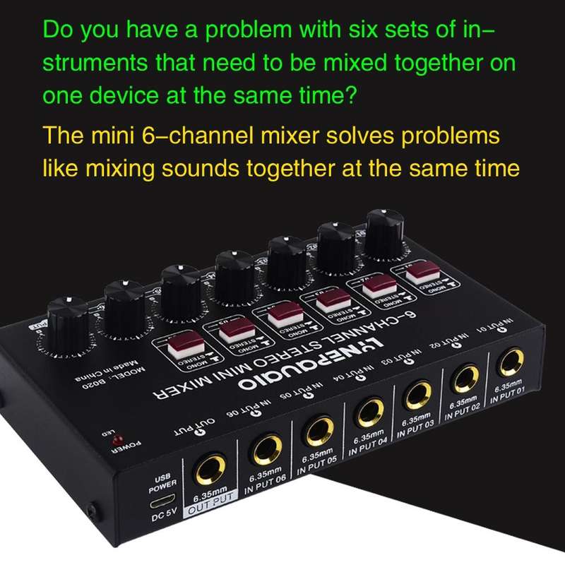 B020 Mini 6-Channel Stereo Audio Mixer Musical Instrument Mixer Electric Wind Electric Guitar Ele...