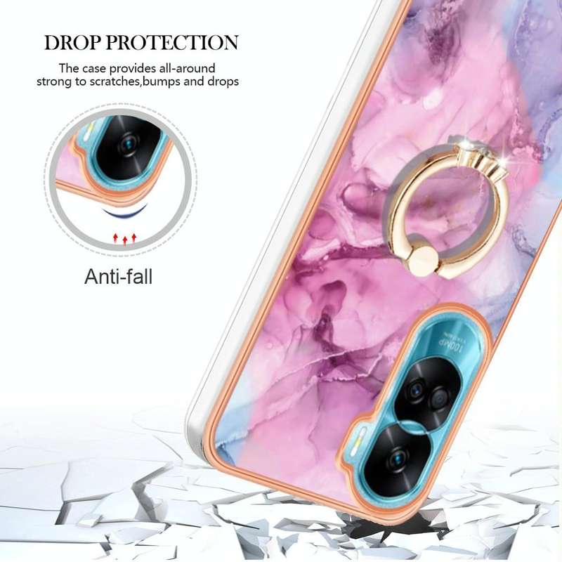 For Honor 90 Lite 5G Electroplating Marble Dual-side IMD Phone Case with Ring(Pink 013)