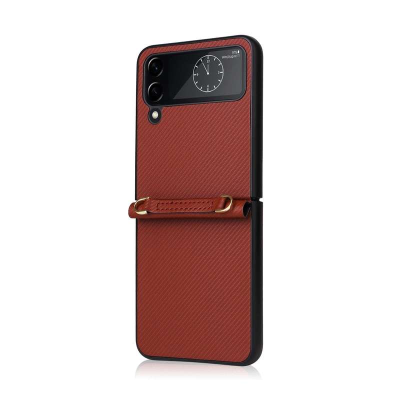 For Samsung Galaxy Z Flip4 Twill Texture Leather Phone Case with Lanyard(Brown)