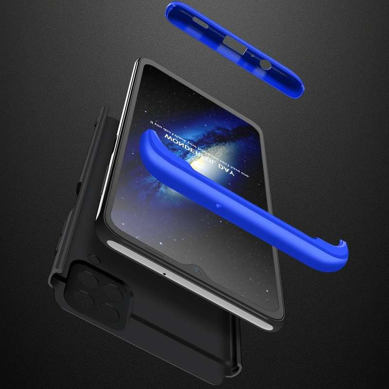 For Samsung Galaxy A12 GKK Three Stage Splicing Full Coverage PC Case(Black+Blue)