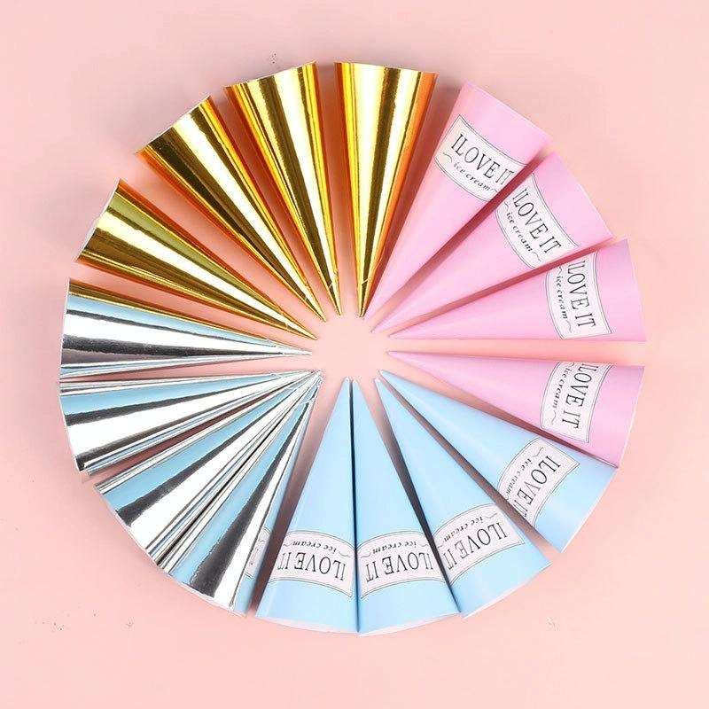 100pcs Disposable Ice Cream Paper Holder Sweet Crispy Tip Bottom Paper(Pink Letter)