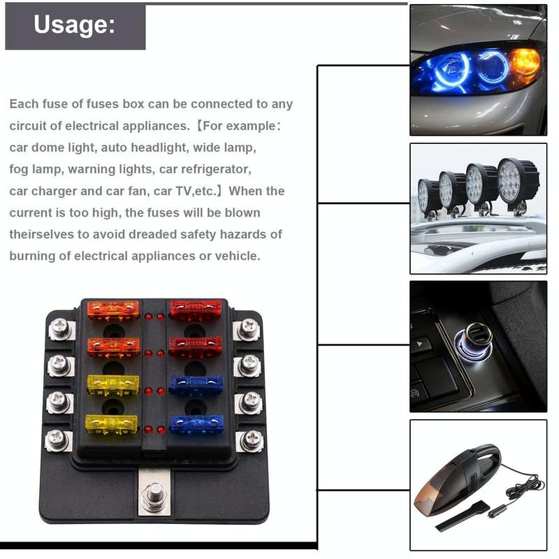 1 in 8 Out Fuse Box Screw Terminal Section Fuse Holder Kits with LED Warning Indicator for Auto C...