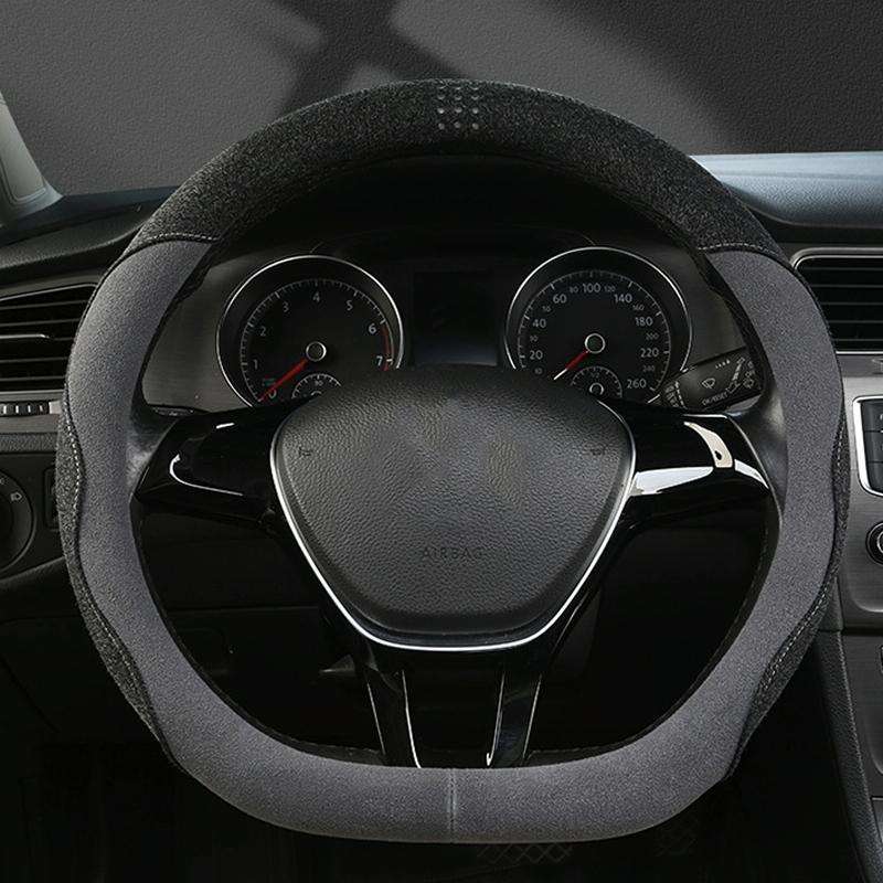 Turned Fur D Type Steering Wheel Cover, Size: 38cm(Black Gray)