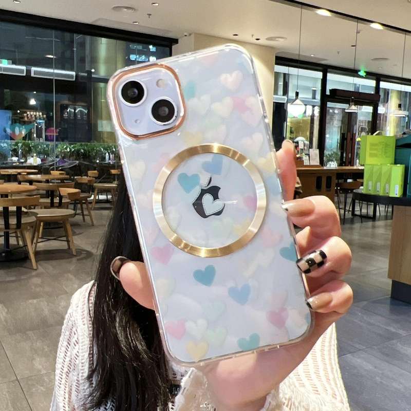 For iPhone 14 Plus Love Heart MagSafe Phone Case (Blue Pink)