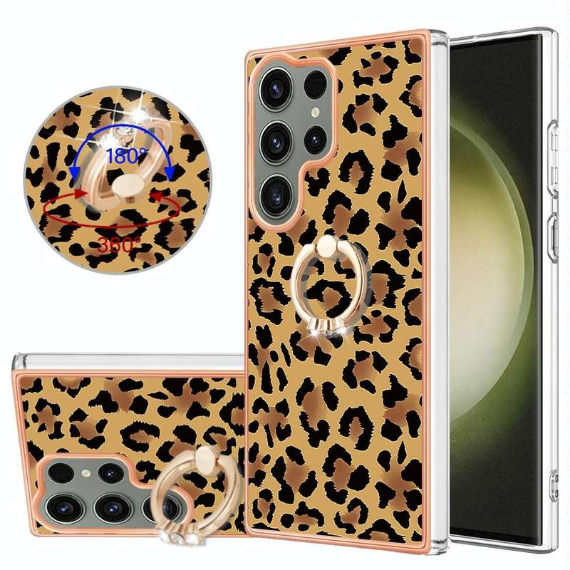 For Samsung Galaxy S23 Ultra 5G Electroplating Dual-side IMD Phone Case with Ring Holder(Leopard ...