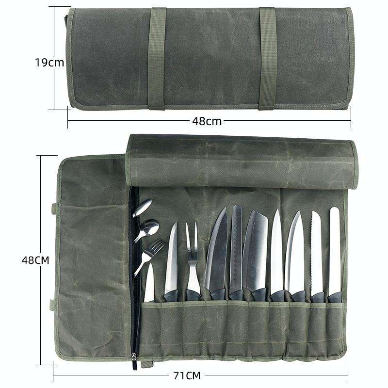 Oil Wax Canvas Roll Chef Knife Storage Bag(Army Green)