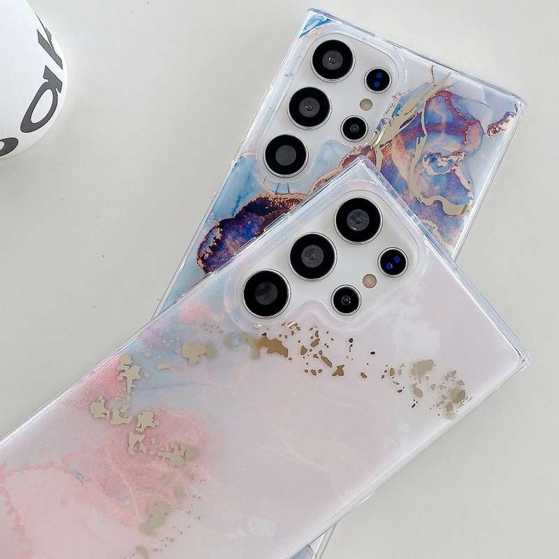 For Samsung Galaxy S22 Ultra 5G Coloured Glaze Marble Phone Case(Pink Grey)